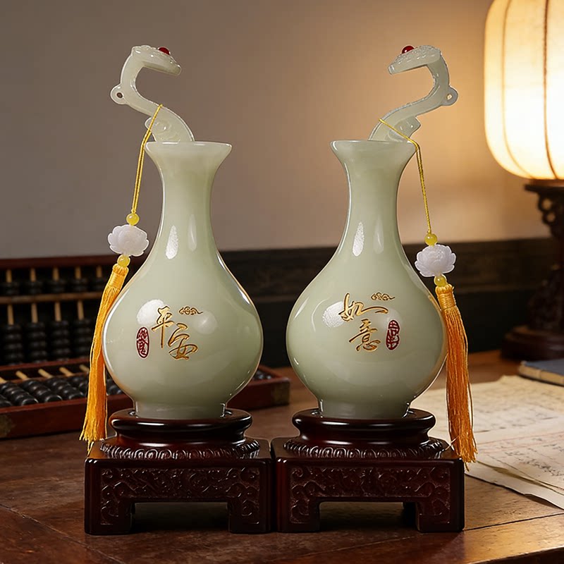 玉石平安如意花瓶摆件客厅高级感宋代美学电视柜办公室装饰品乔迁