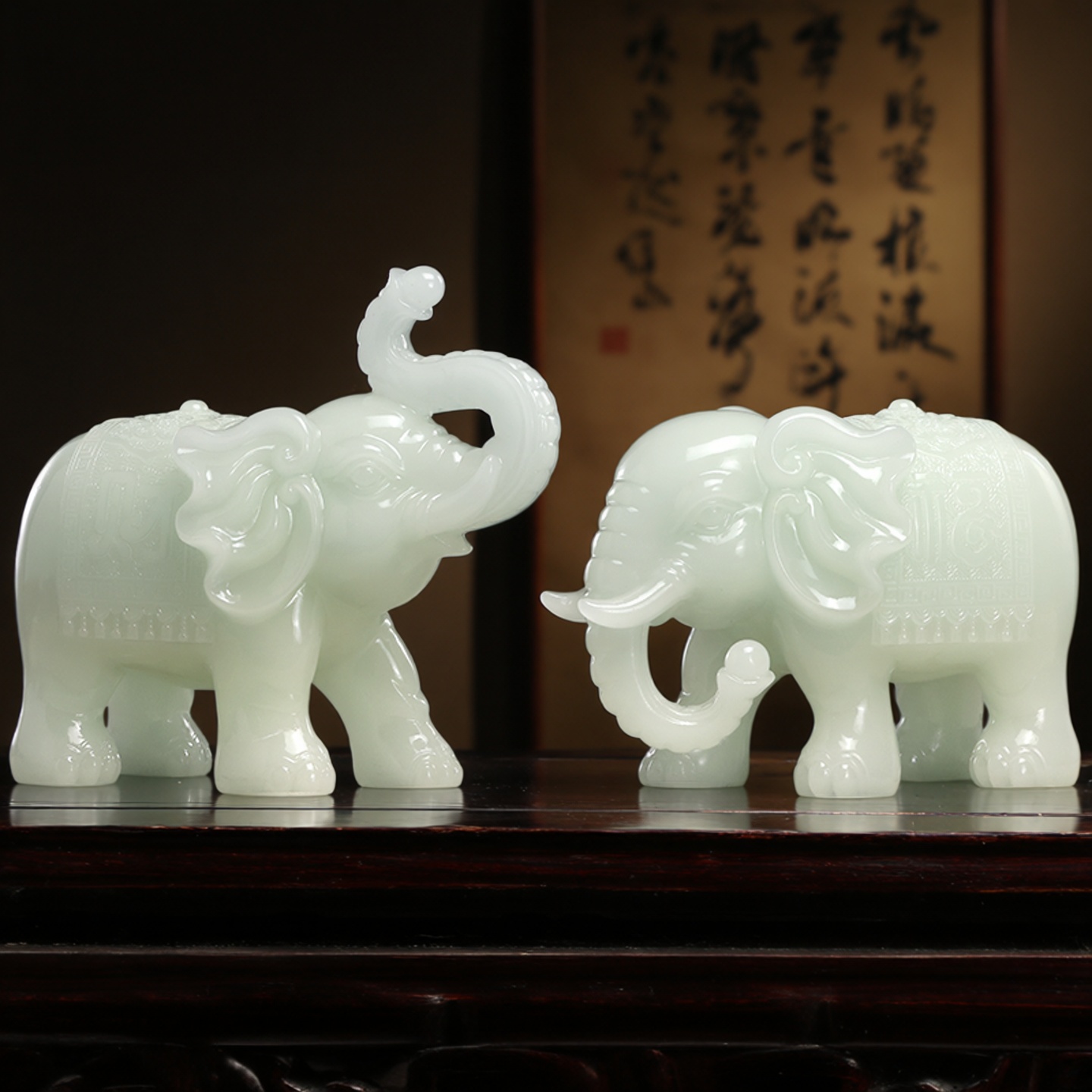 玉石大象摆件一对吸水招财纳福客厅玄关酒柜吉祥如意乔迁开业礼物
