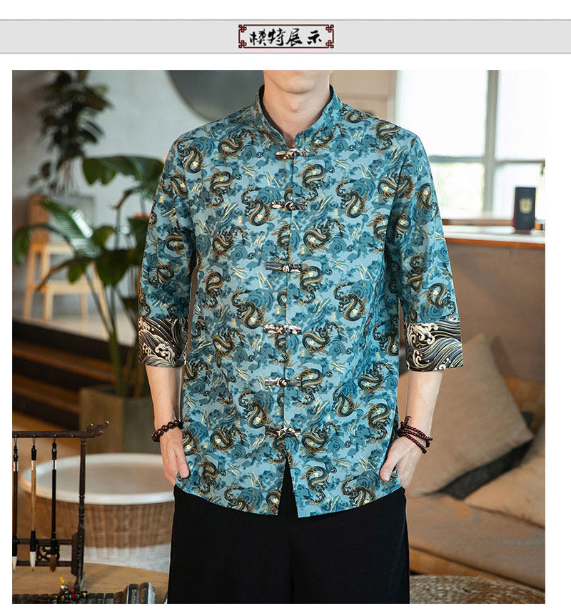 C945新春夏小龙五分袖风棉麻中袖衬衣盘扣衬衫男314A-1-P40,男装T恤,星座305A（原312A-1）