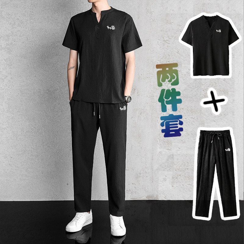 夏季潮褶皱两件套男士薄款风刺绣V领休闲运动套装TZ208P110图片