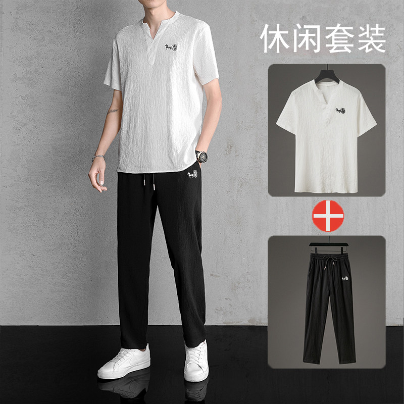 夏季潮褶皱两件套男士薄款风刺绣V领休闲运动套装TZ208P110图片