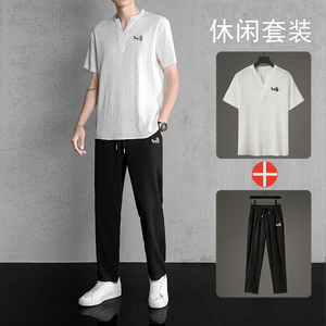 高端夏季短袖男轻薄透气定 织泡泡纱T恤 运动两件套装TZ208 P110图片