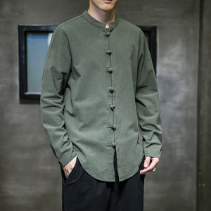 新款风衬衣棉麻衬衫加大码纯色盘扣中式唐装上衣 C918-P35，男装衬衫，星座305A（原312A-1）