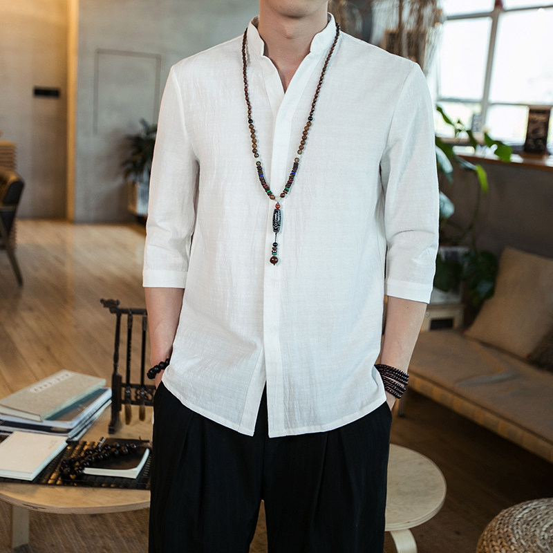 风中袖衬衫休闲男装上衣棉麻七分袖衬衣v领亚麻衬衣男C919P50图片