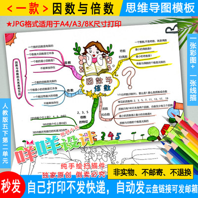 人教版小学生数学五年级下二单元因数与倍数思维导图线描涂色模板