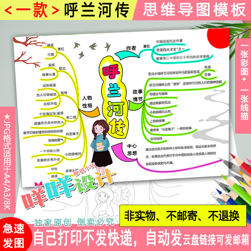 呼兰河传阅读思维导图黑白线描涂色a4/a3/8k小学生读书手抄报模板