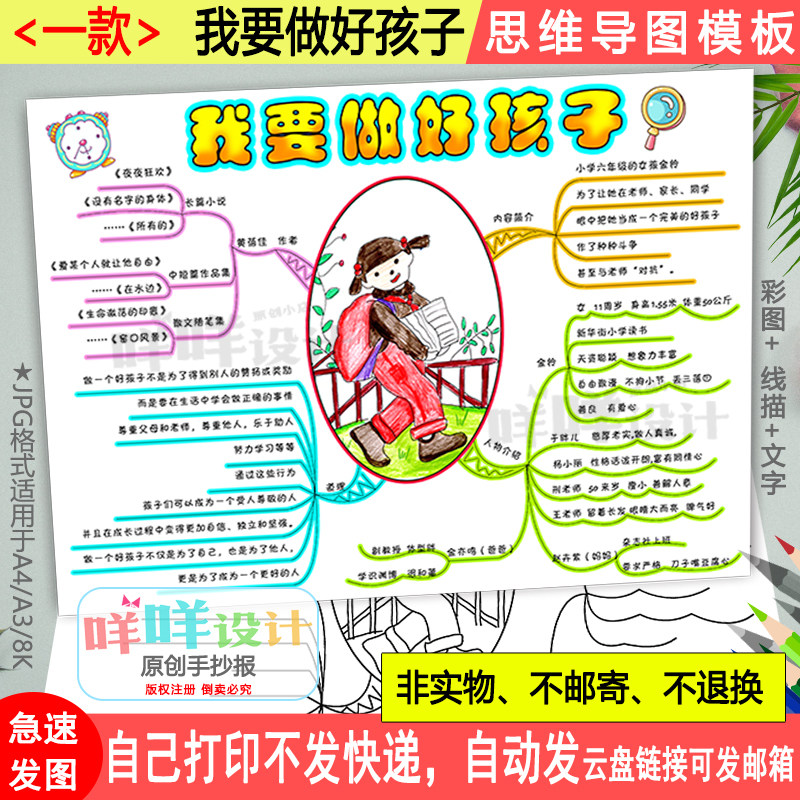 我要做好孩子思维导图线描涂色空白a4a38k四年级课外阅读小报模板