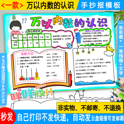 万以内数的认识手抄报黑白线描涂色空白小学生二年级数学小报模板