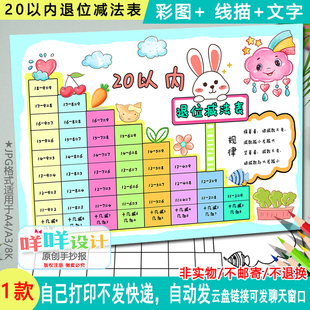 20以内退位减法表手抄报线描涂色一年级数学加减小报A4/A3/8K模板