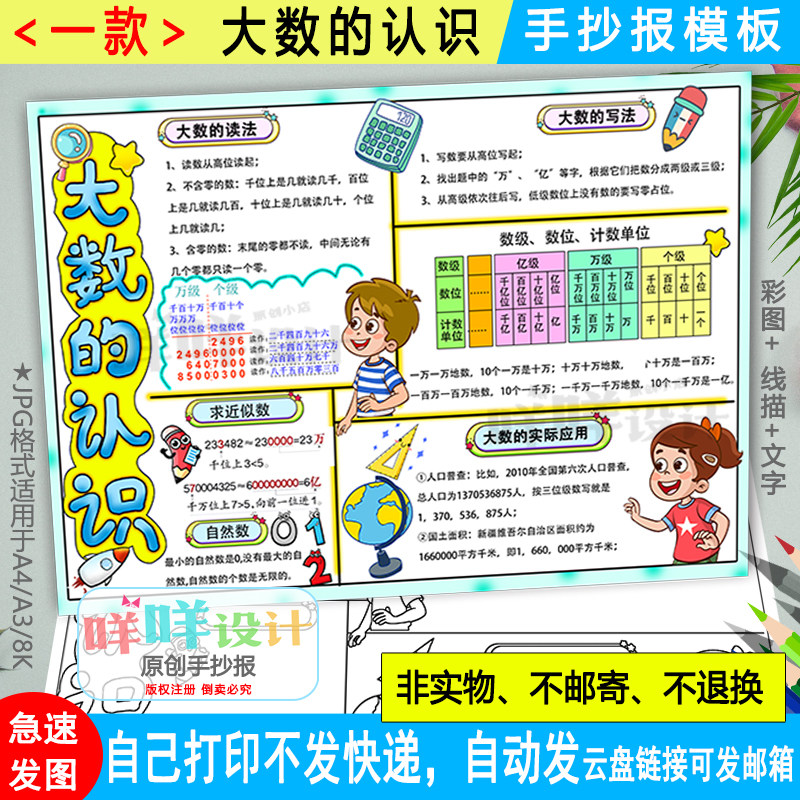 大数的认识手抄报黑白线描涂色空白小学生四年级数学A4/A3/8K模板