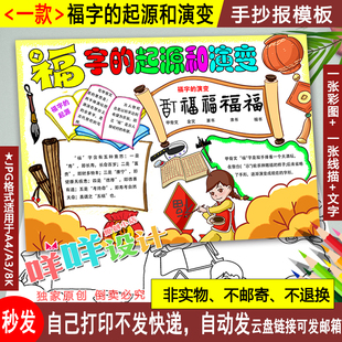 汉字福的起源和演变过程小报黑白线描涂色空白小学生A4手抄报模板