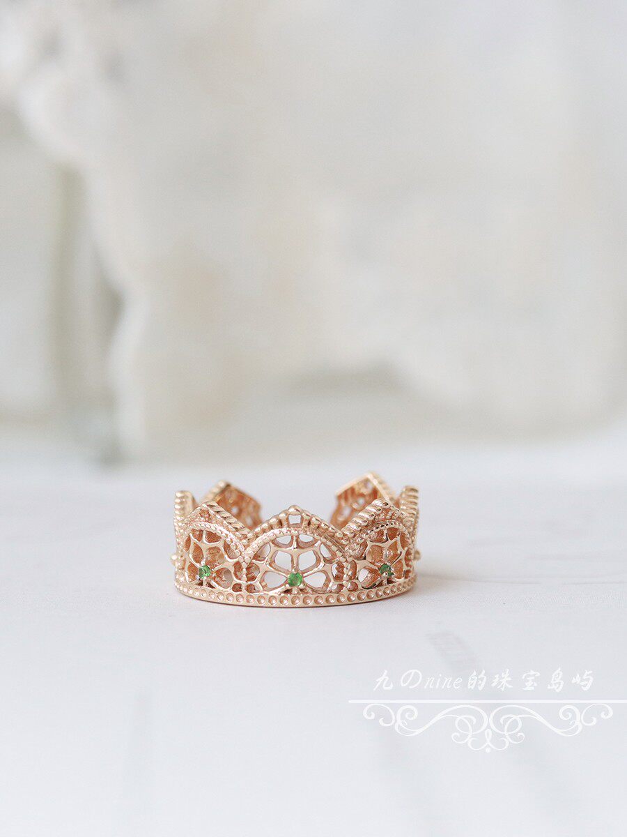 天然莎弗莱镂空蕾丝皇冠开口宽戒指环925纯银镀金复古