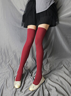 显瘦麻花竖条纹过膝袜安哥拉红色提花长筒袜日系秋款彩色大腿袜子