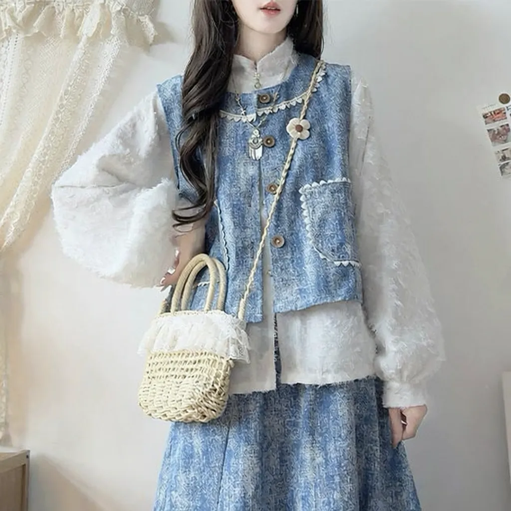 蓝色小清新牛仔提花套装裙女春秋新款设计感马甲半身裙三件套