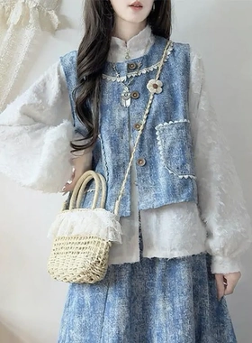 蓝色小清新牛仔提花套装裙女春秋新款设计感马甲半身裙三件套