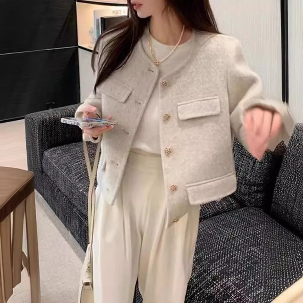 反季双面羊毛大衣正肩小个子短款口袋加厚保暖羊毛绒双面呢外套女