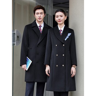 藏青色羊毛呢子大衣女士冬季加厚职业装珠宝店销售中长款毛呢外套