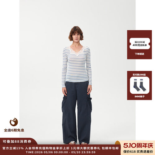 条纹蕾丝长袖上衣