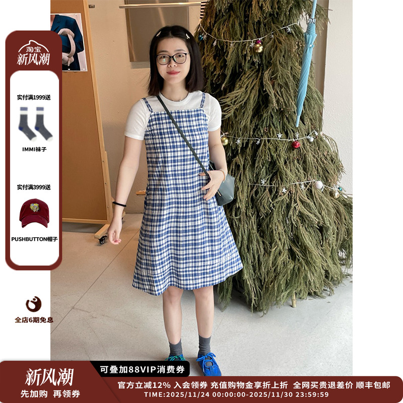 休闲格纹系带连衣裙新品