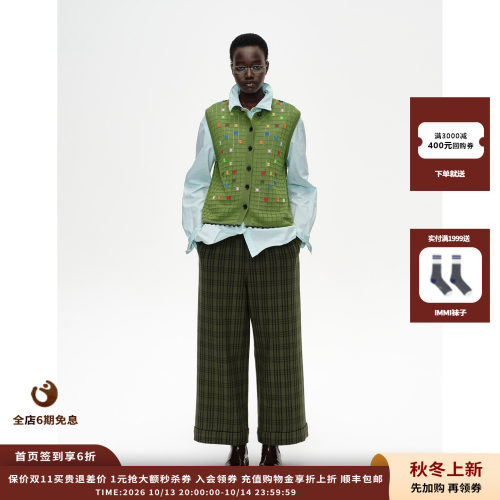 SHORT撞色腰头翻边格纹长裤
