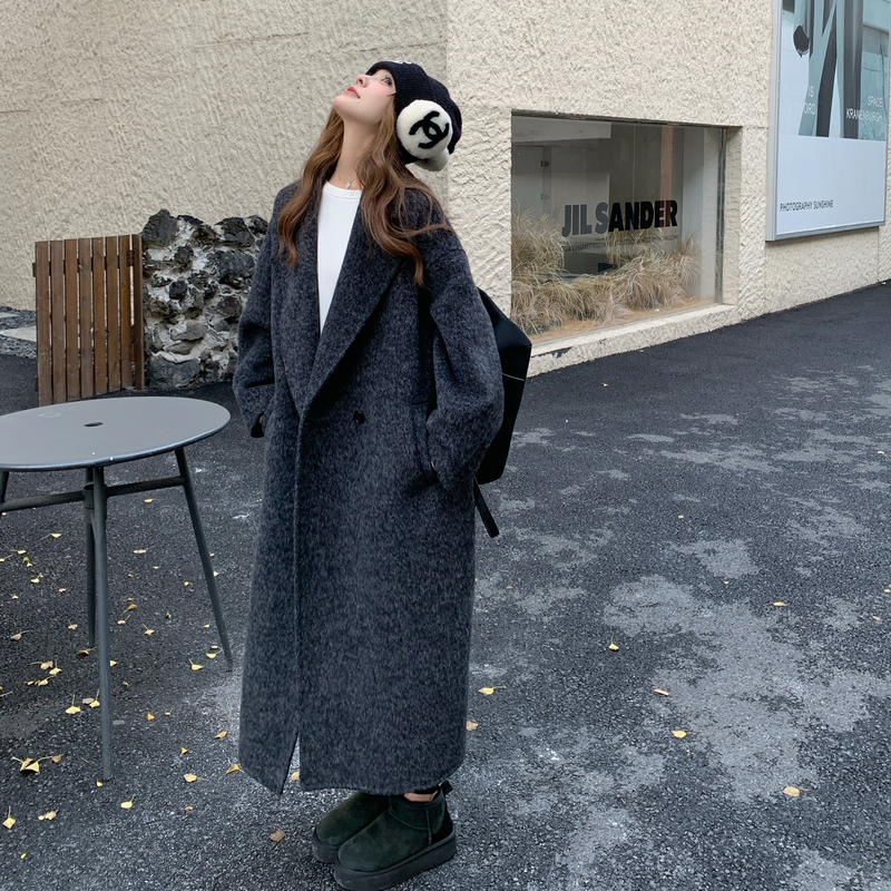现货新款首发韩范中长款过膝双面羊绒大衣黑灰色高端毛呢外套