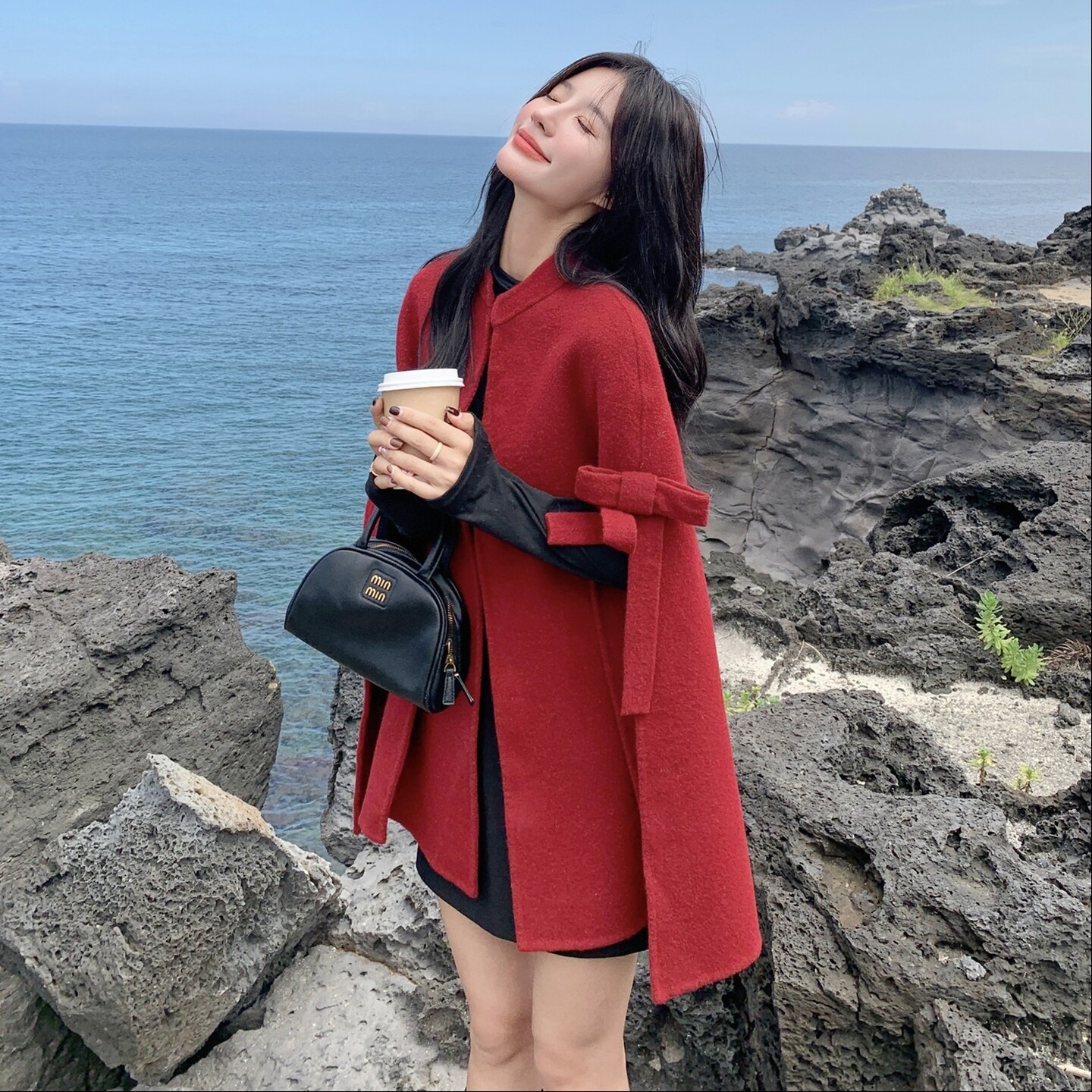 现货主推~冬季新款蝴蝶结双面呢斗篷拼接羊毛2B237-6086-P245K338