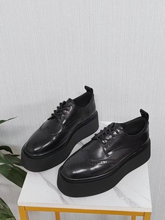 胎牛皮2025春季新款黑色增高百搭英伦风圆头小皮鞋女厚底系带乐福