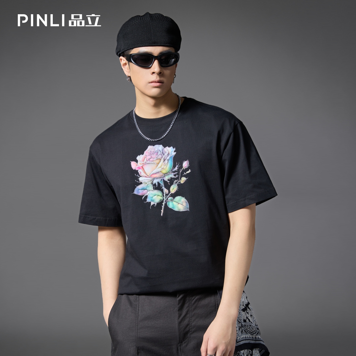 品立潮牌玫瑰烫钻短袖男T恤休闲