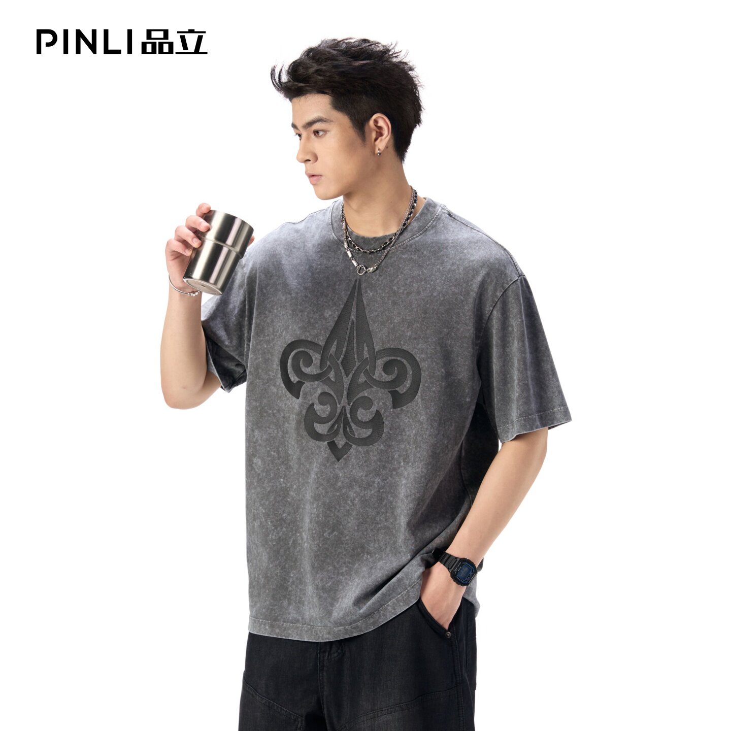 PINLI品立2026夏季新款男士创意印花圆领落肩袖纯棉短袖T恤上衣潮