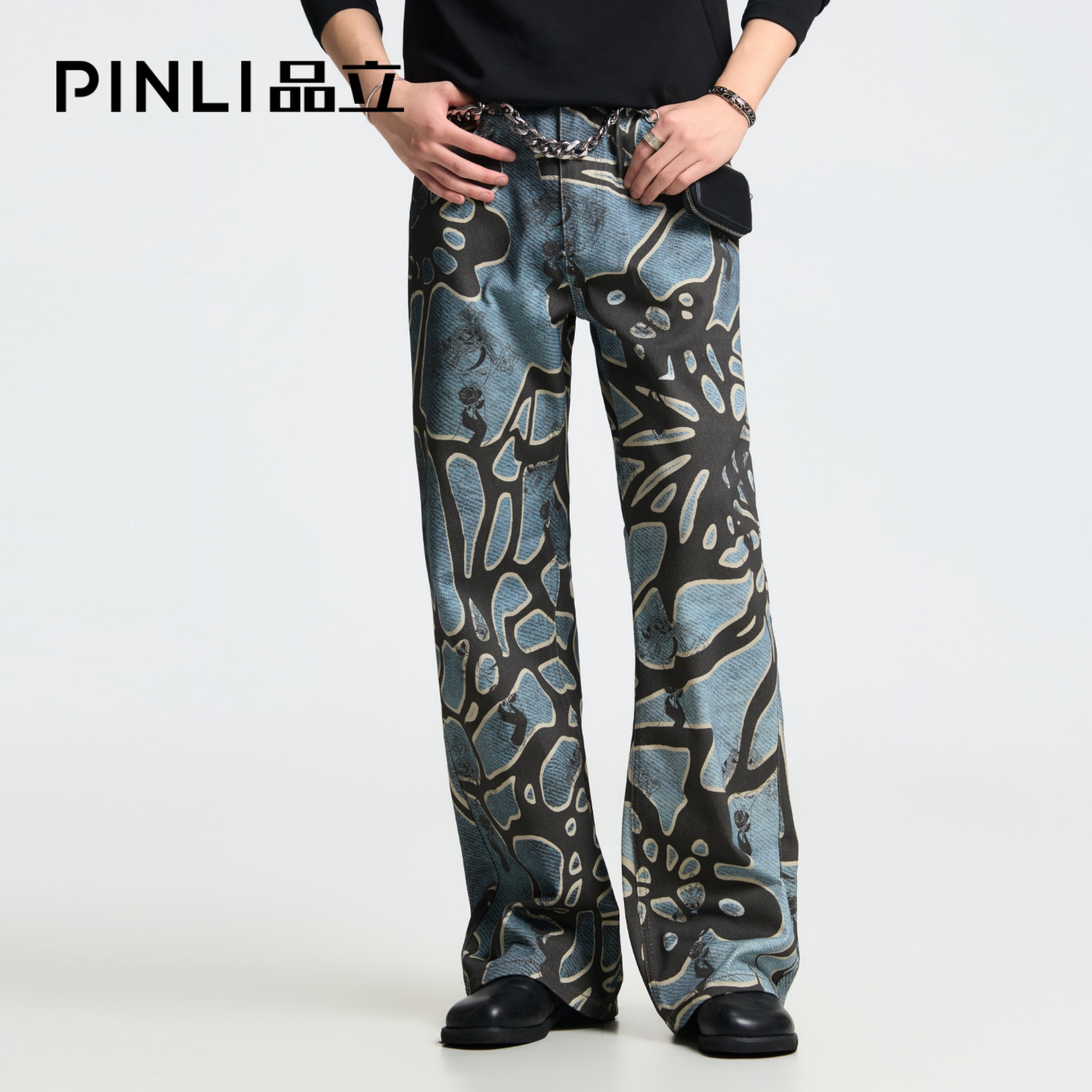 PINLI品立艺术涂鸦印花微喇裤男图片