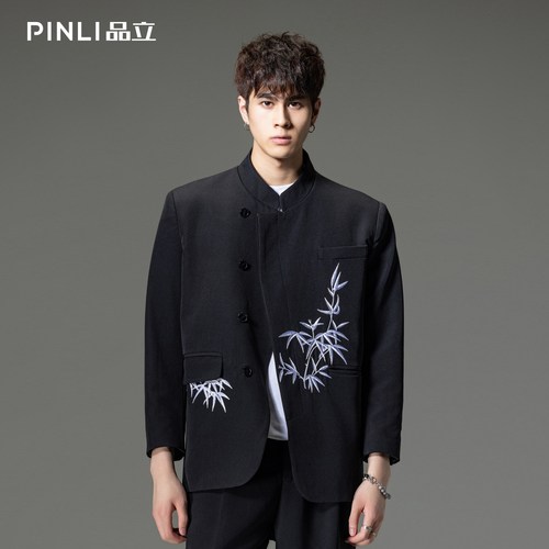 品立刺绣立领新中式西装外套男士