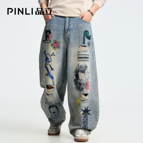 PINLI品立高街涂鸦破洞牛仔裤