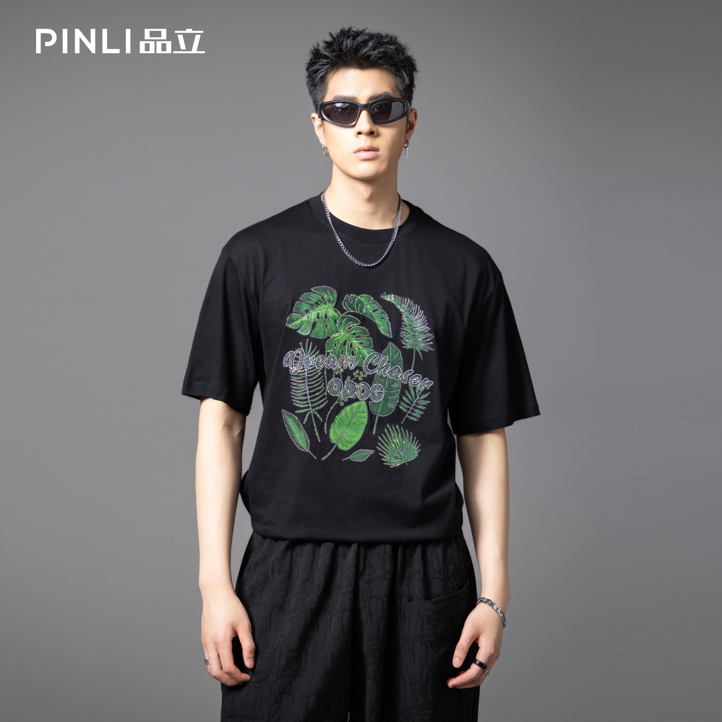 PINLI品立树叶烫钻休闲短袖T恤潮