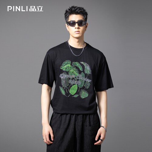 PINLI品立树叶烫钻休闲短袖T恤潮