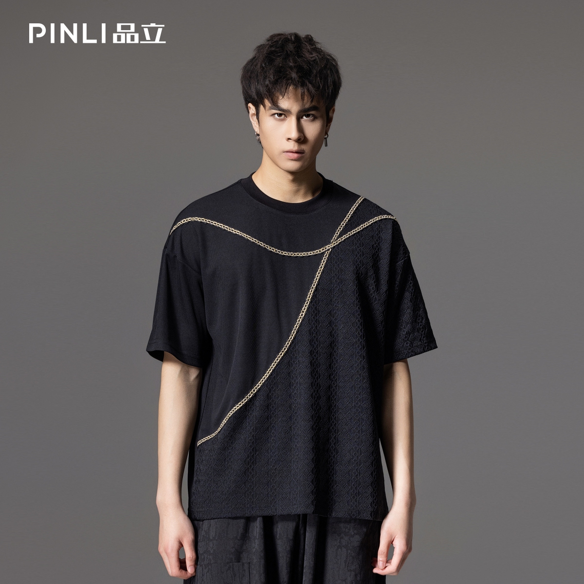 PINLI品立男锁链织带拼接短袖T恤
