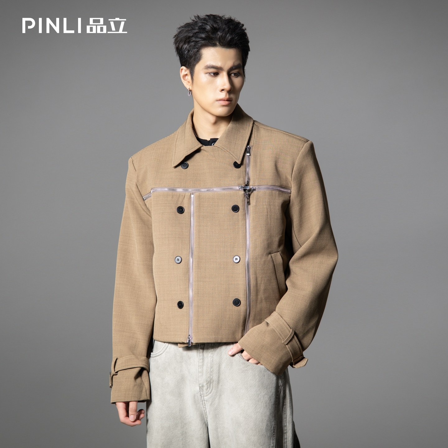 PINLI品立2025秋季新款男士短款高街宽松翻领斜门襟梭织茄克外套,男装,夹克,淘宝优惠券,粉丝福利购,淘宝优惠卷