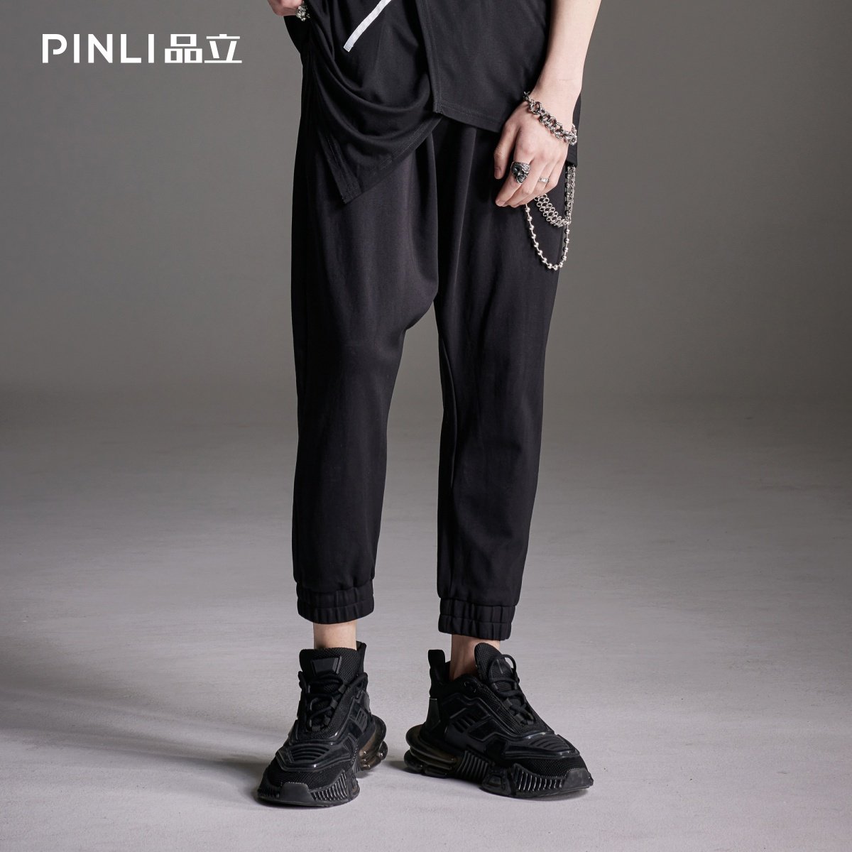 PINLI品立裁魂春季新款男装黑色吊档小脚休闲长裤BC212617365