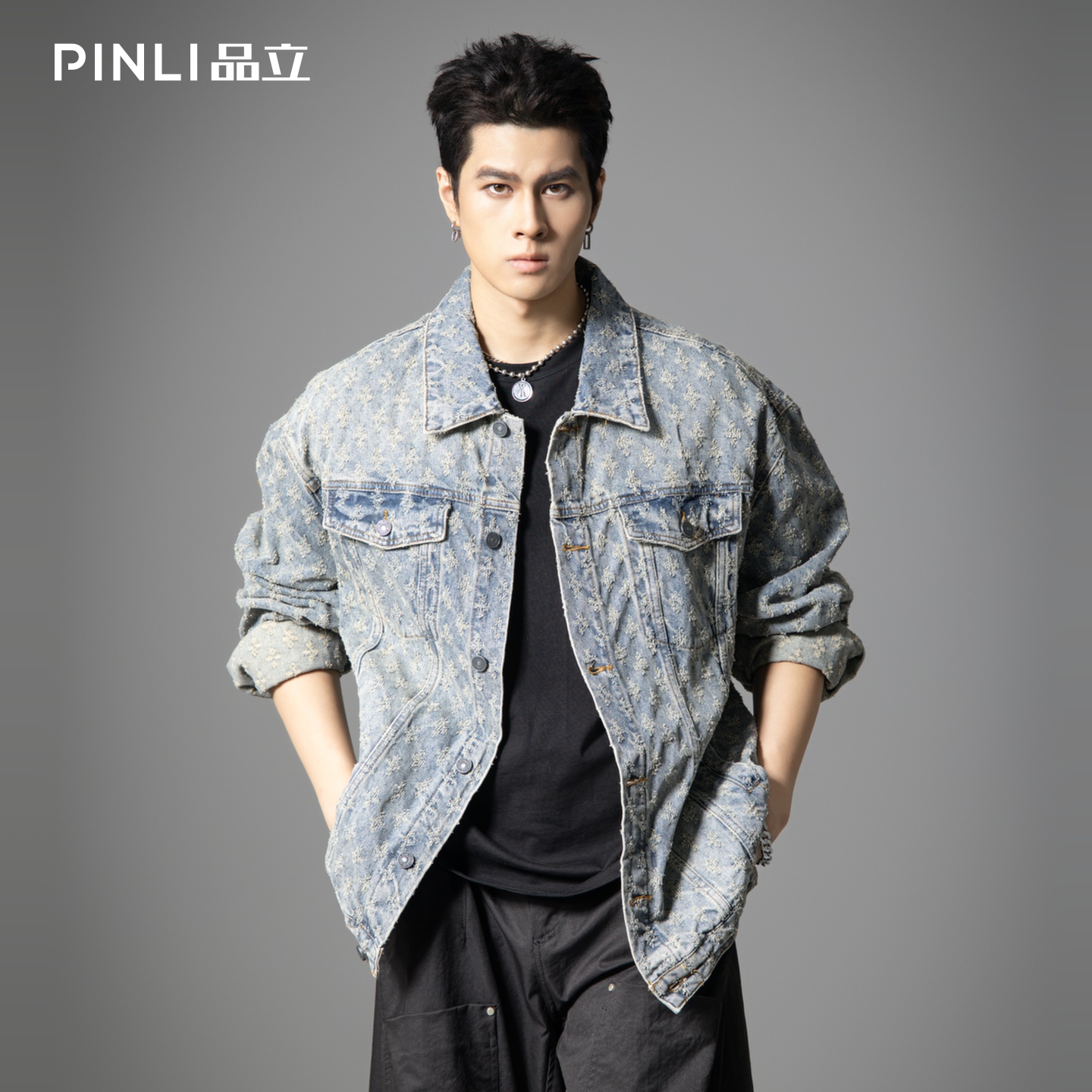 品立美式复古提花宽松牛仔外套男