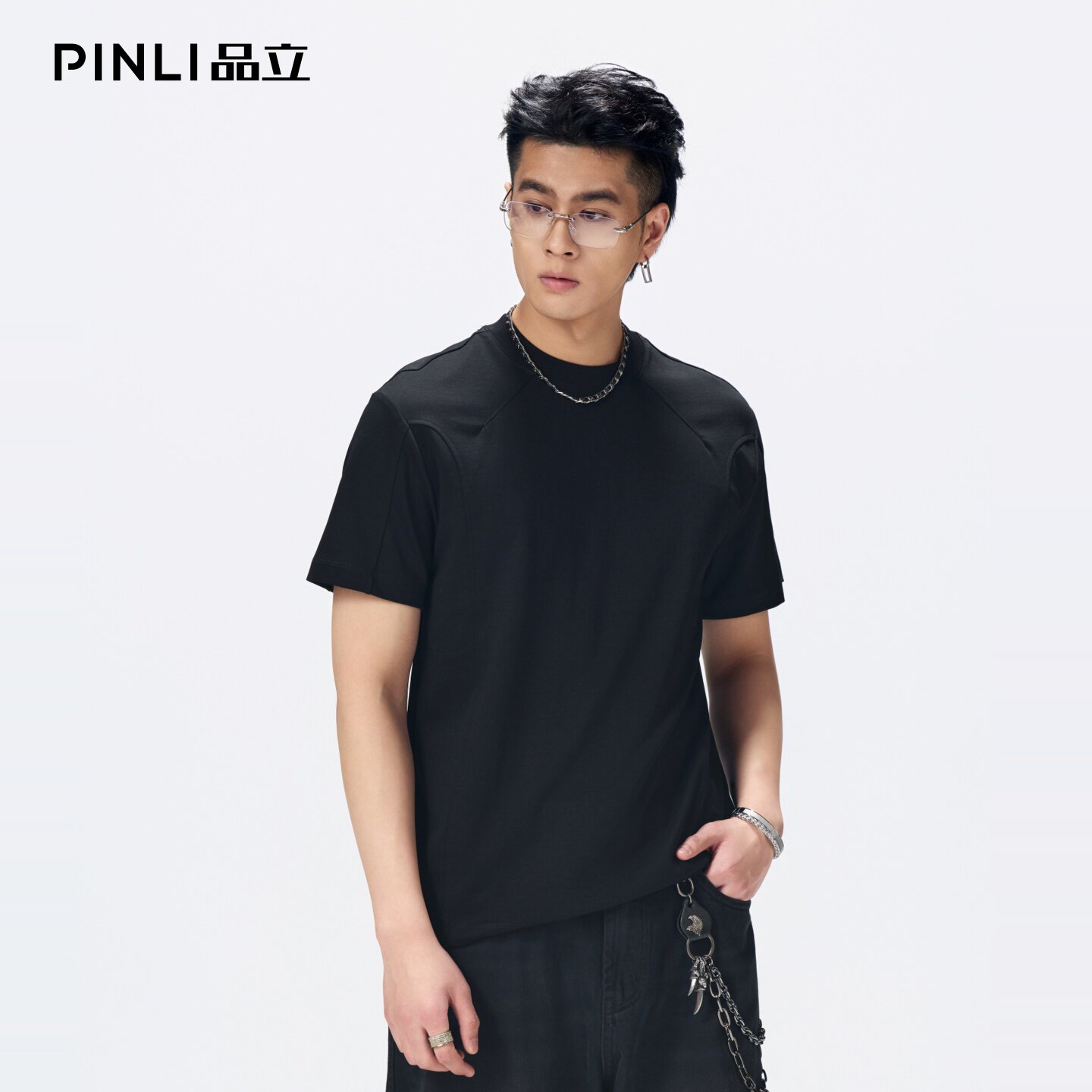 PINLI品立2026夏季新款男士纯色百搭圆领落肩袖短袖T恤上衣体恤潮图片