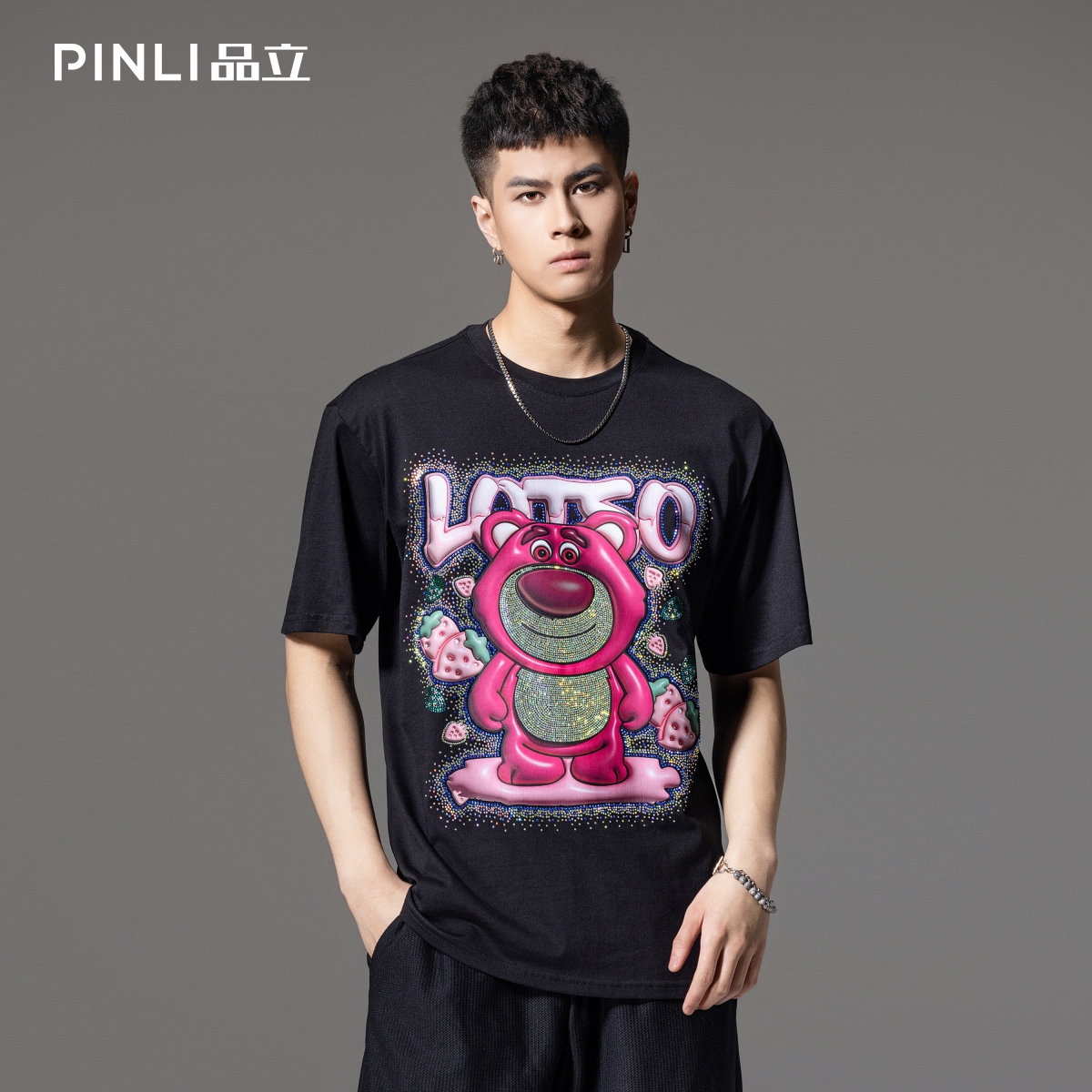 PINLI品立男卡通烫钻休闲短袖T恤