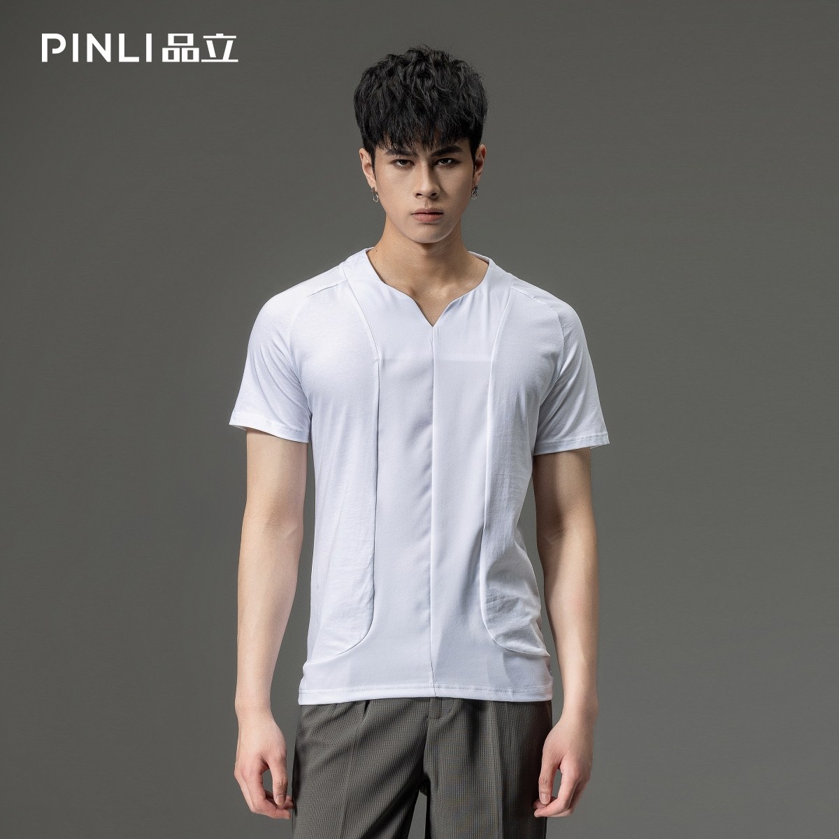 PINLI修身V领短袖T恤夏天图片