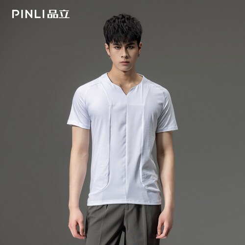 PINLI修身V领短袖T恤夏天