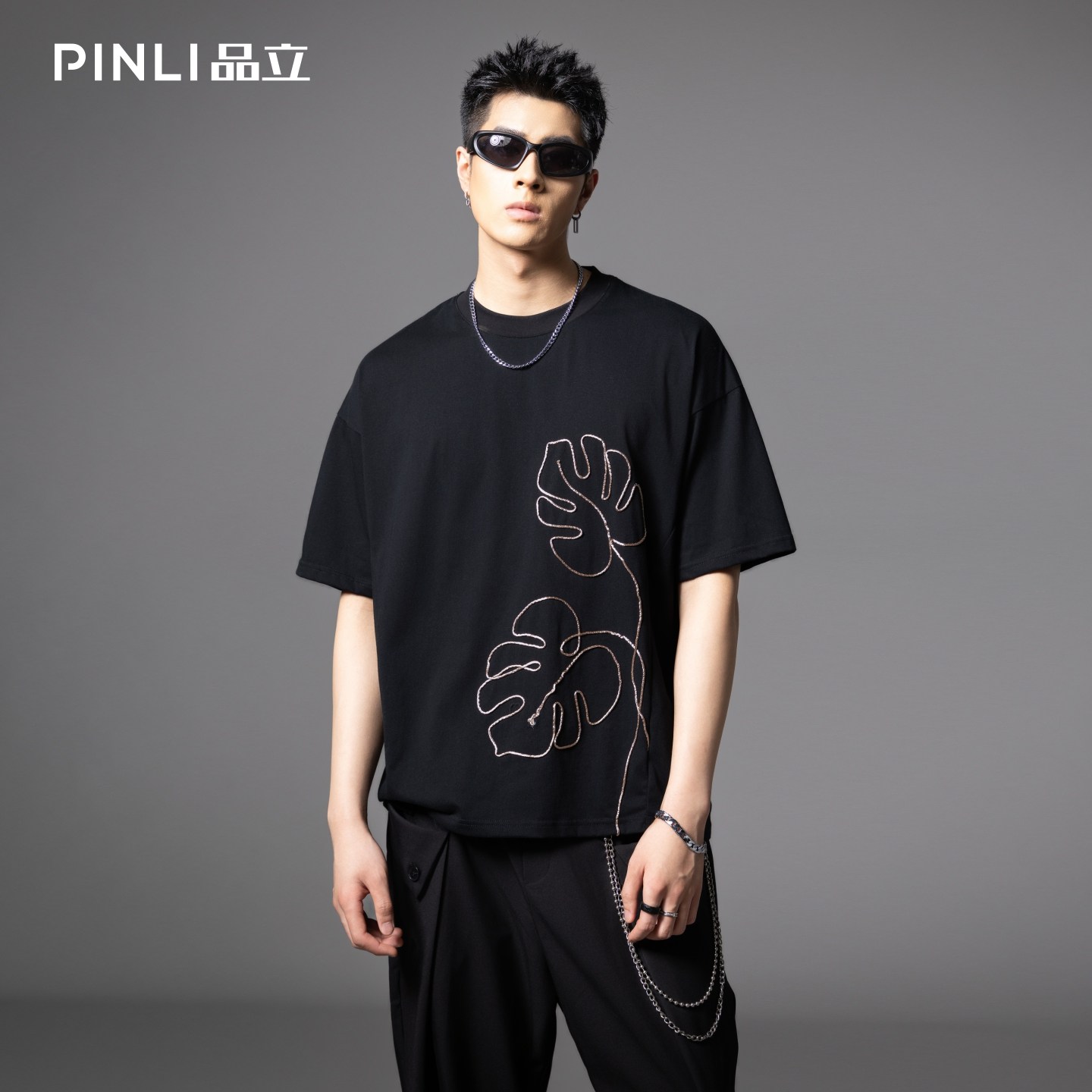 PINLI品立夏季新款男士树叶盘绳短袖T恤潮牌宽松休闲体恤上衣