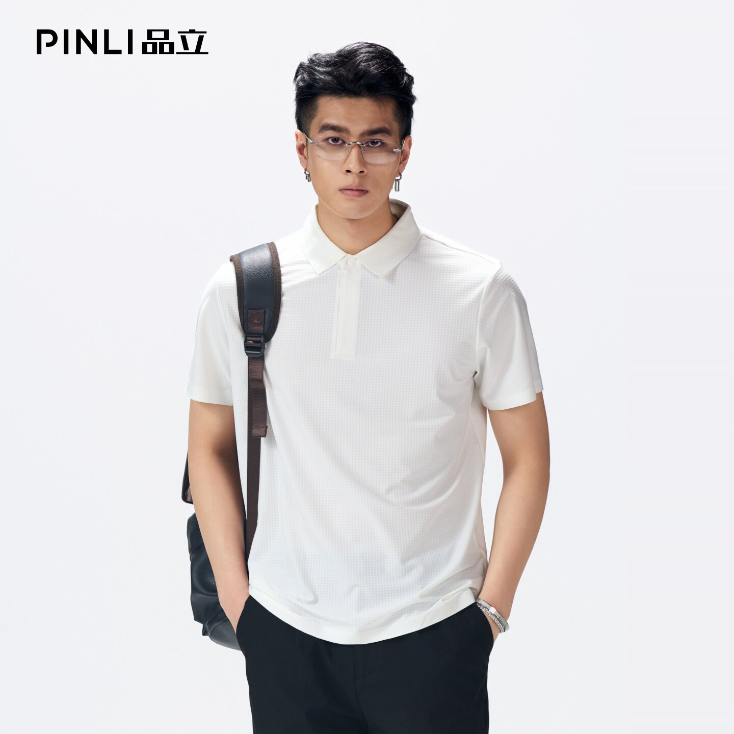 PINLI品立2026夏季新款男士纽扣翻领纯色短袖POLO衫上衣体恤潮牌图片