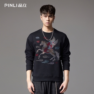 烫钻飞马祥云上衣潮 国潮宽松休闲卫衣男士 PINLI品立2024秋季 新款