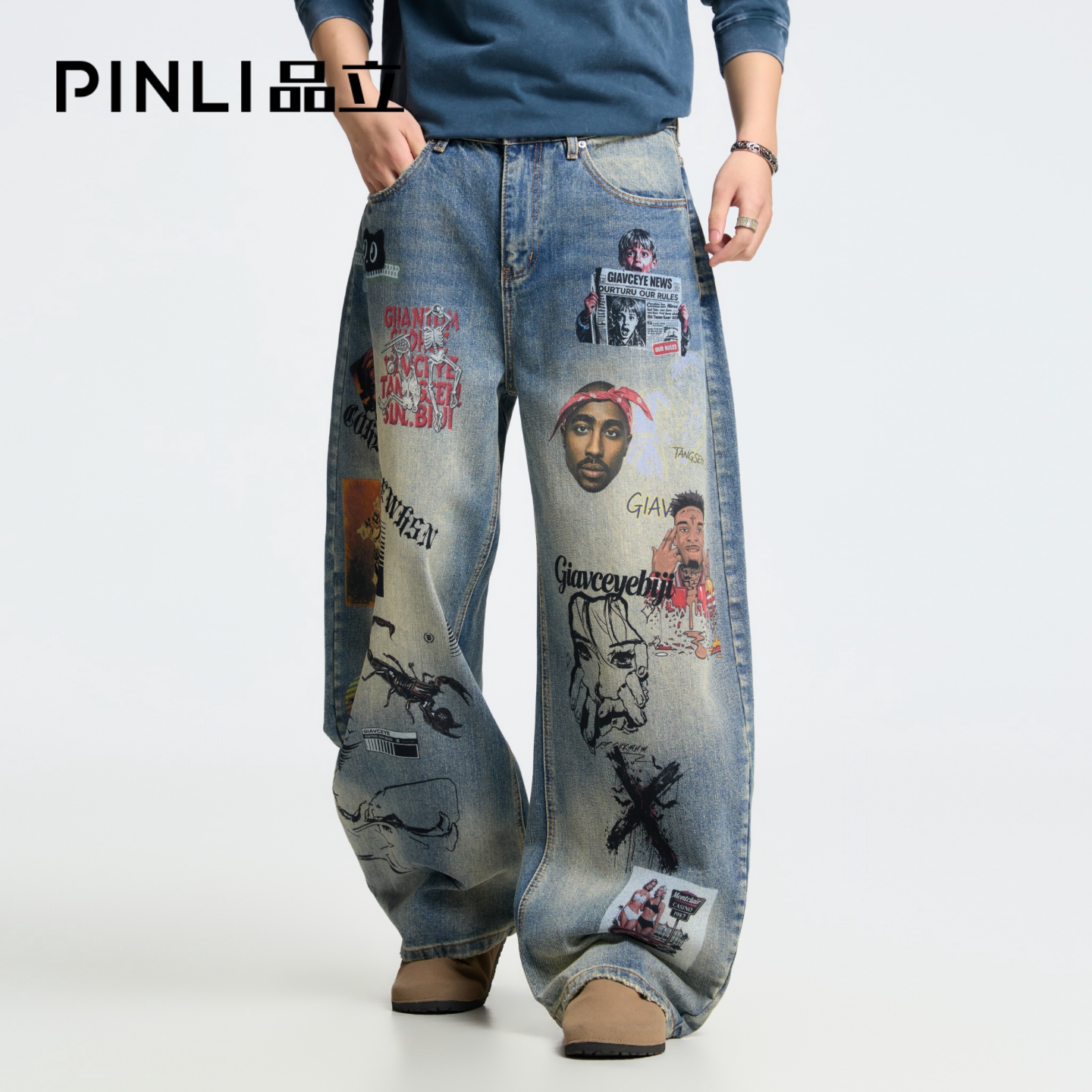PINLI品立秋装男士涂鸦牛仔裤图片