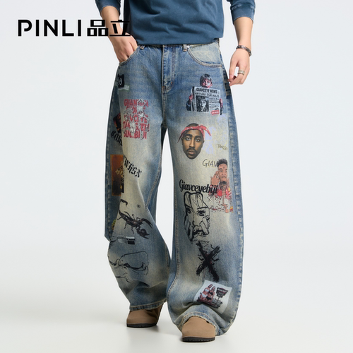 PINLI品立秋装男士涂鸦牛仔裤