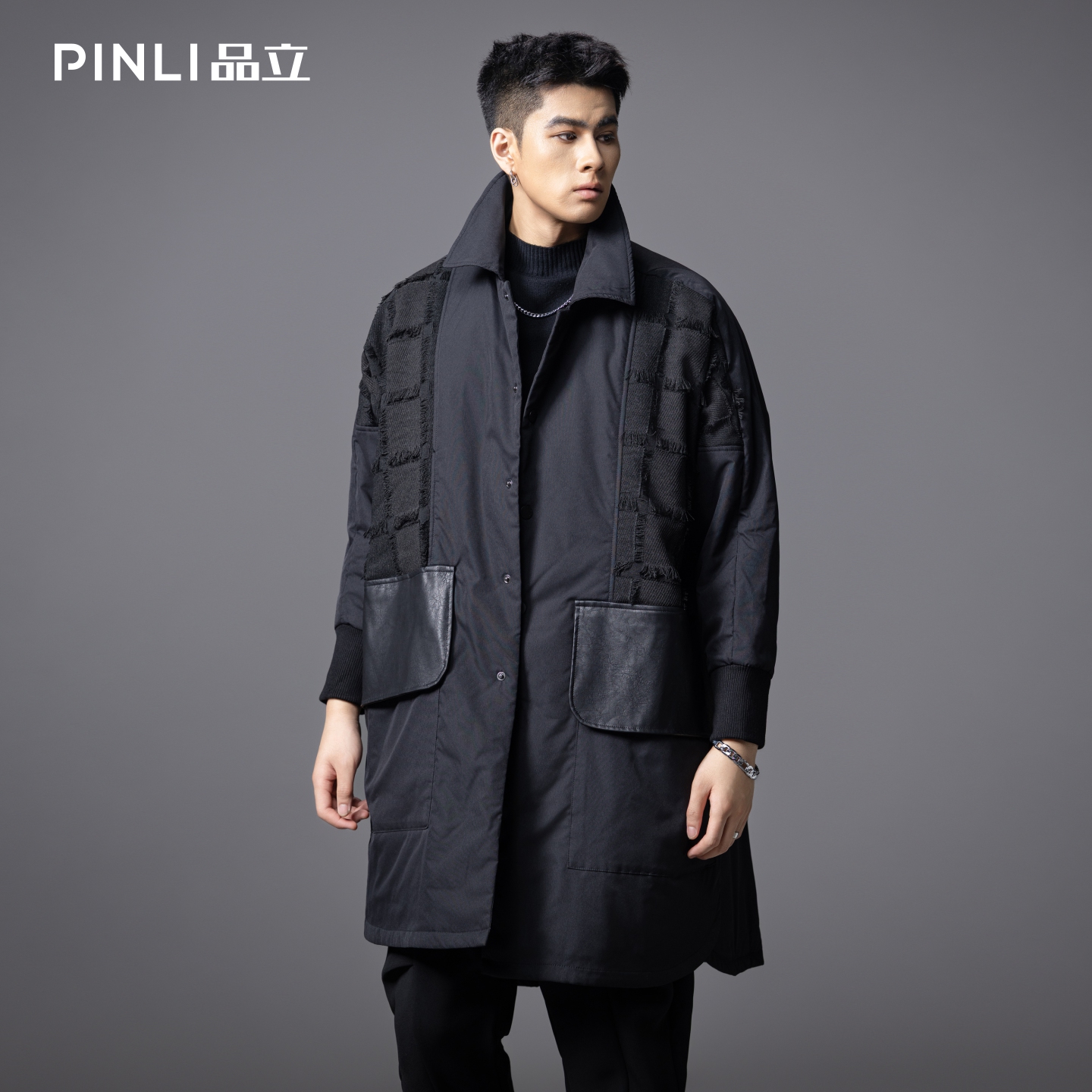 男暗黑翻领中长款棉服PINLI品立