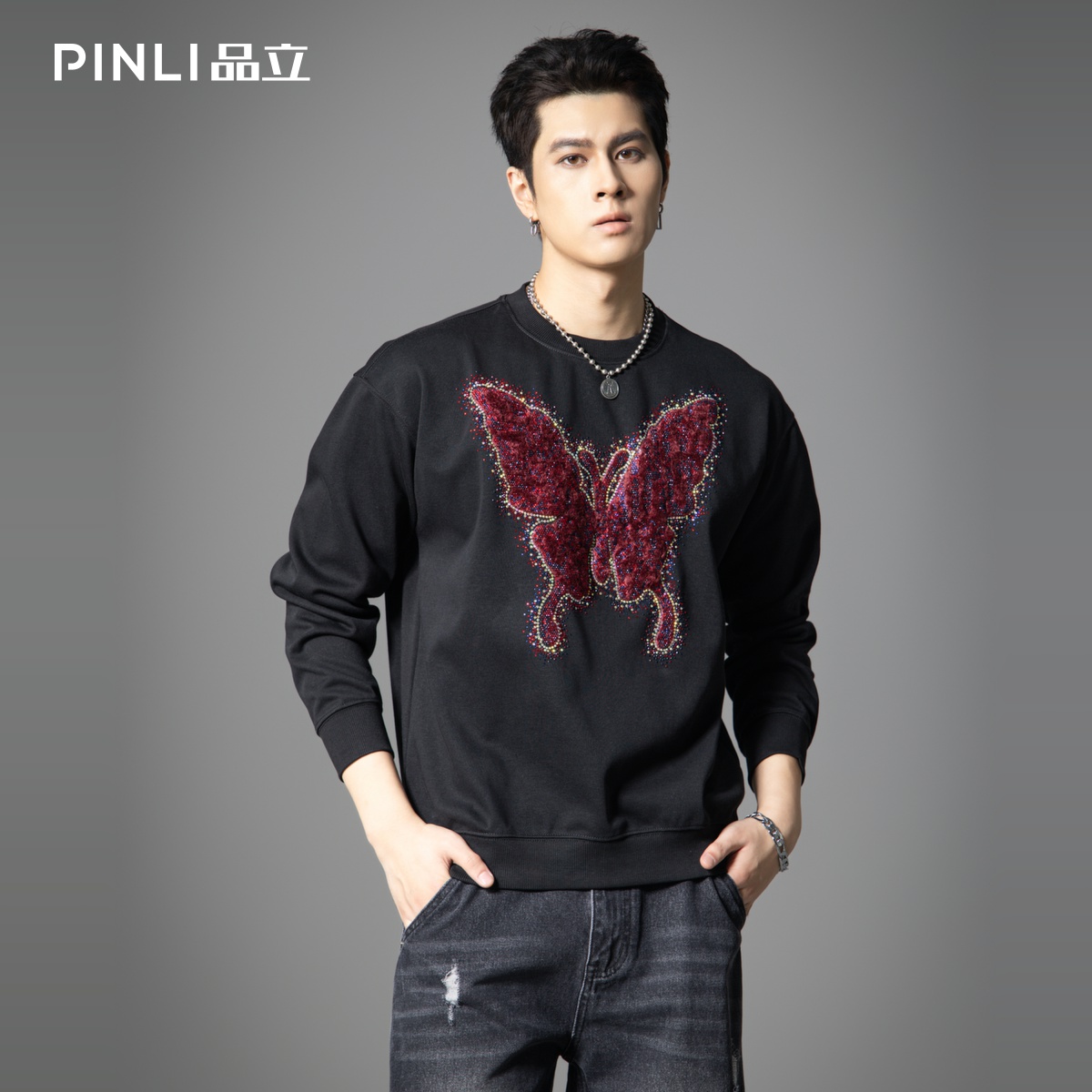 品立蝴蝶烫钻圆领卫衣美式潮牌