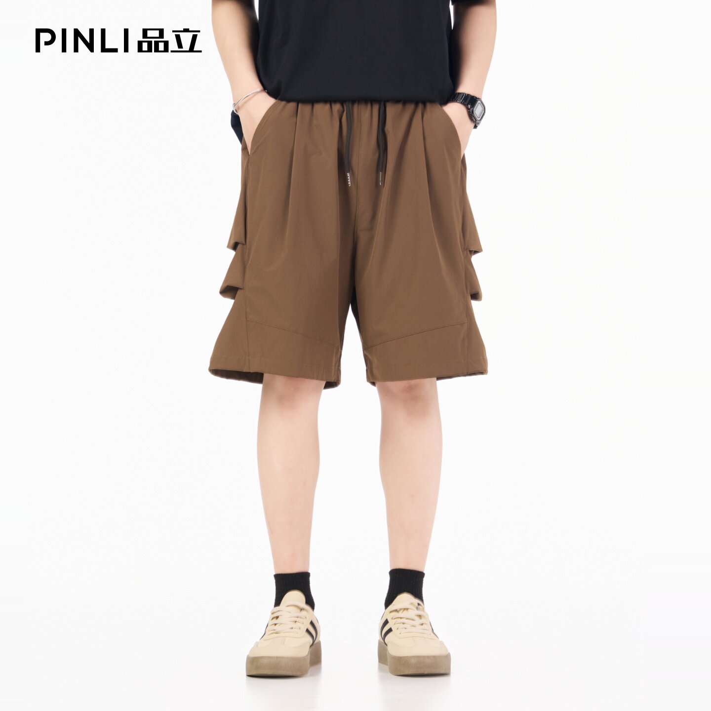 PINLI品立2026夏季新款宽松纯色百搭松紧腰多袋休闲短裤五分裤男